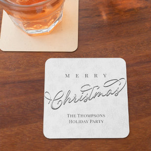 Posavasos Cuadrado De Papel Personalizado de guión navideño Silver Merry