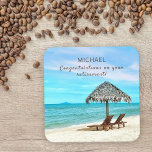 Posavasos Cuadrado De Papel Personalizado de Jubilación Texto Playa Tropical T<br><div class="desc">Un diseño de playa tropical que puede personalizarse con tu nombre y mensaje. El nombre de la jubilada se ha establecido en la tipografía popular y contemporánea. El texto "Felicitaciones por tu retiro" se establece en una letra manuscrita escrita a mano, y este mensaje puede ser personalizado con tu propio...</div>