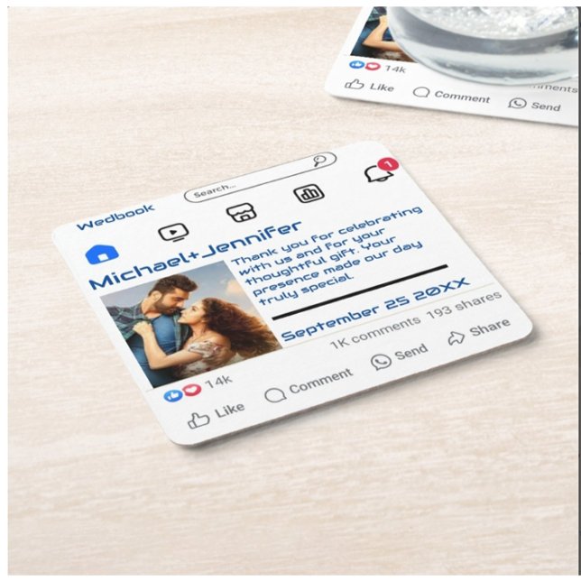 Posavasos Cuadrado De Papel Personalizado de mensajes moderno en medios social (Subido por el creador)