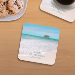 Posavasos Cuadrado De Papel Personalizado de Playa Tropical Texto "Feliz Jubil<br><div class="desc">Esta tranquila playa de arena tropical se puede personalizar con tu texto y nombre. La fotografía es un paisaje sereno de una playa con una isla lejana. Las palabras "Feliz Jubilación" están fijadas en un tipo de letra moderno. La tipografía de la plantilla de nombre se establece en un tipo...</div>