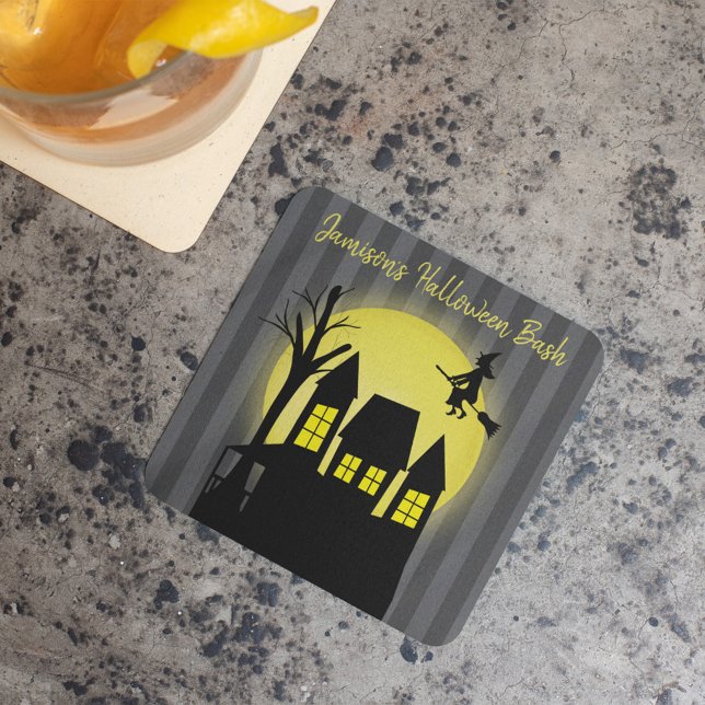 Posavasos Cuadrado De Papel Personalizado del Partido Halloween de la Hallowee (Cute haunted house custom party coaster)