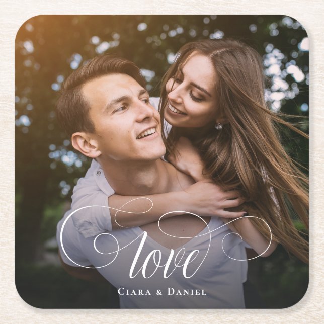 Posavasos Cuadrado De Papel Personalizado elegante caligrafía Boda foto (Anverso)