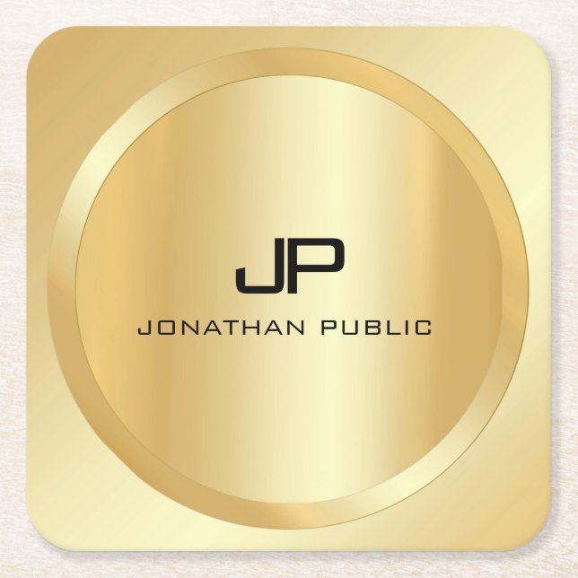 Posavasos Cuadrado De Papel Personalizado elegante Faux Gold Monograma moderno (Anverso)