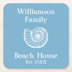 Posavasos Cuadrado De Papel Personalizado Family Beach House Shell Blue