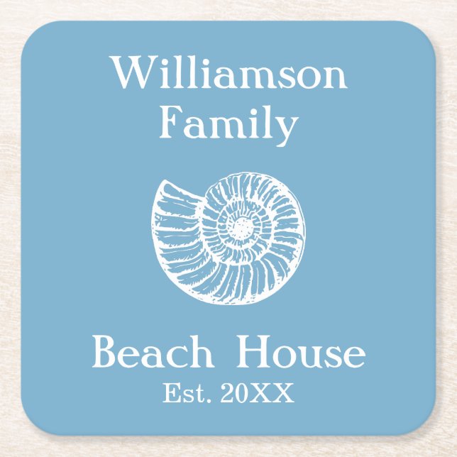 Posavasos Cuadrado De Papel Personalizado Family Beach House Shell Blue (Anverso)