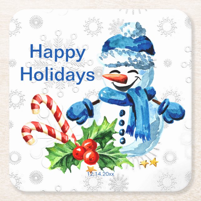 Posavasos Cuadrado De Papel Personalizado Fiesta de Navidades de Snowman azul (Anverso)