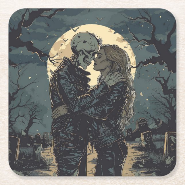 Posavasos Cuadrado De Papel Personalizado gótica romántica de un esqueleto y m (Anverso)
