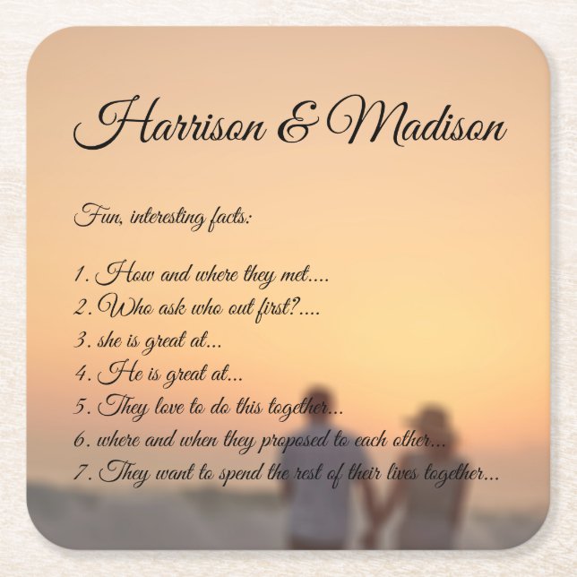 Posavasos Cuadrado De Papel Personalizado guión gráfico pareja hechos divertid (Anverso)