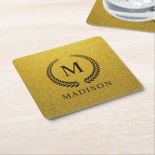 Posavasos Cuadrado De Papel Personalizado Monograma Negro y Dorado con Brillo