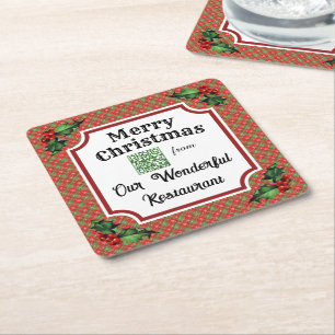 Posavasos Cuadrado De Papel Personalizado QR Code Restaurant Navidades Red Pla