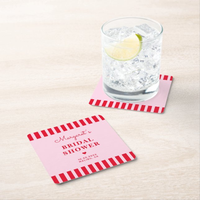 Posavasos Cuadrado De Papel Personalizado Retro Rosa y Rojo Stripes Bridal Sho (In situ)