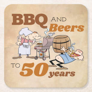 Posavasos Cuadrado De Papel Personalizado Rústico BBQ y Cerveza 50 cumpleaño