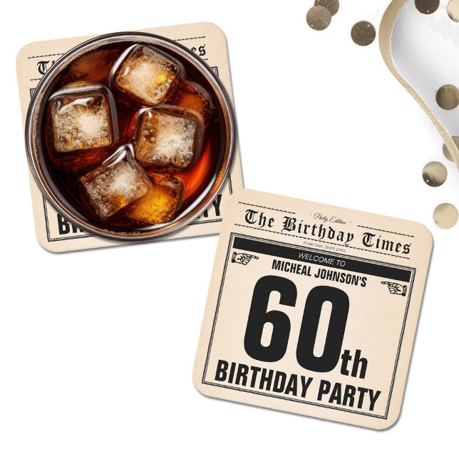 Posavasos Cuadrado De Papel Personalizado único de periódico de cumpleaños 60  (Fun 60th Birthday Vintage Newspaper Unique Custom Square Paper Coaster)