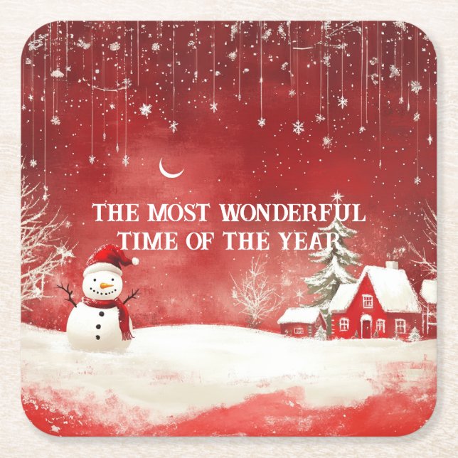 Posavasos Cuadrado De Papel Personalizado Winter Wonderland Navidades Snowman (Anverso)