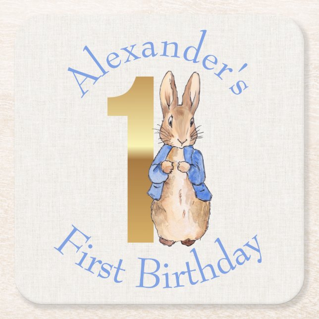 Posavasos Cuadrado De Papel Personalizar a Peter el conejo Primer cumpleaños (Anverso)