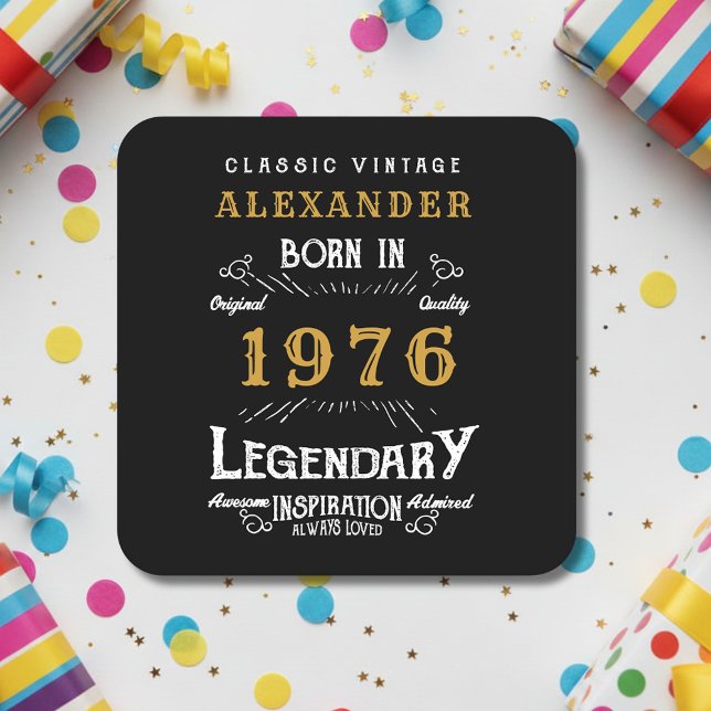 Posavasos Cuadrado De Papel Personalized 50th Birthday 1976 Vintage Legend (Born 1976 paper coaster on a white party background.)