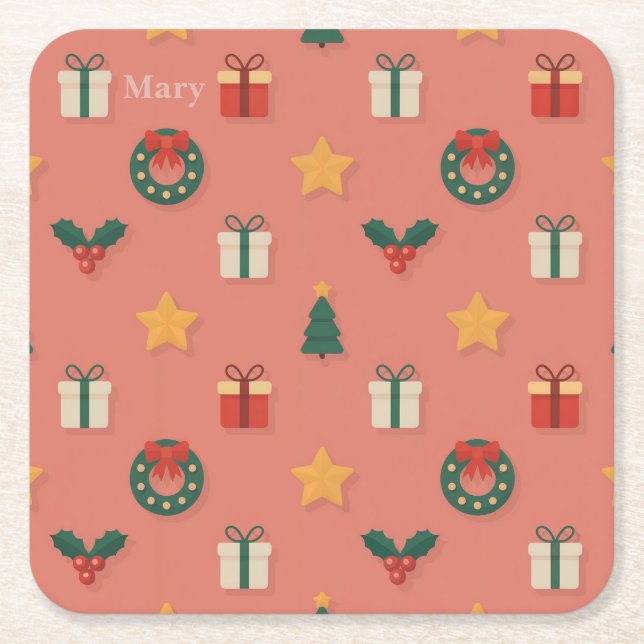 Posavasos Cuadrado De Papel Personalized Christmas Pattern Coaster Set (Anverso)