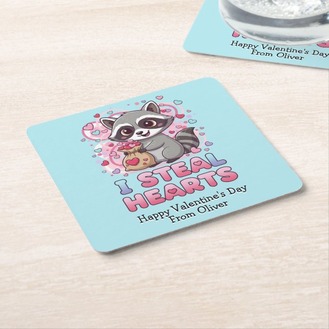 Posavasos Cuadrado De Papel Personalized Cute Raccoon Classroom Valentine (En perspectiva)