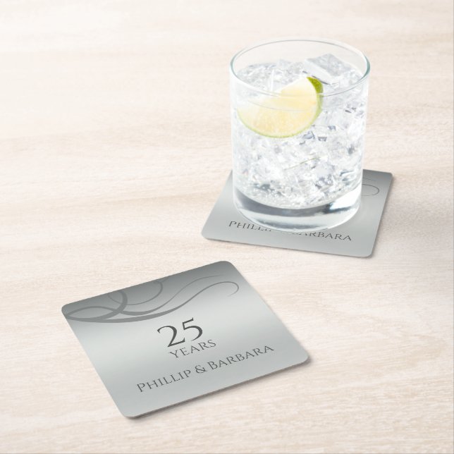 Posavasos Cuadrado De Papel Personalized elegant modern 25th anniversary party (In situ)