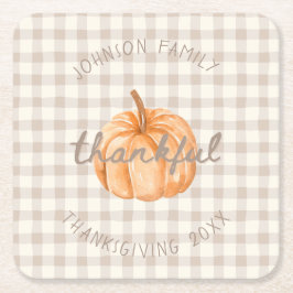 Posavasos Cuadrado De Papel Personalized Family Name Thankful Neutral Gingham 