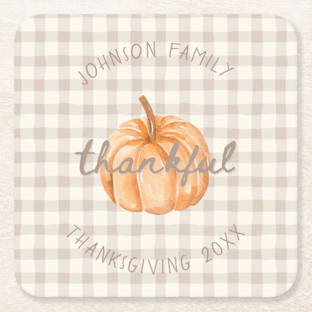 Posavasos Cuadrado De Papel Personalized Family Name Thankful Neutral Gingham  (Anverso)