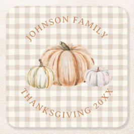 Posavasos Cuadrado De Papel Personalized Family Name Thankful Neutral Gingham