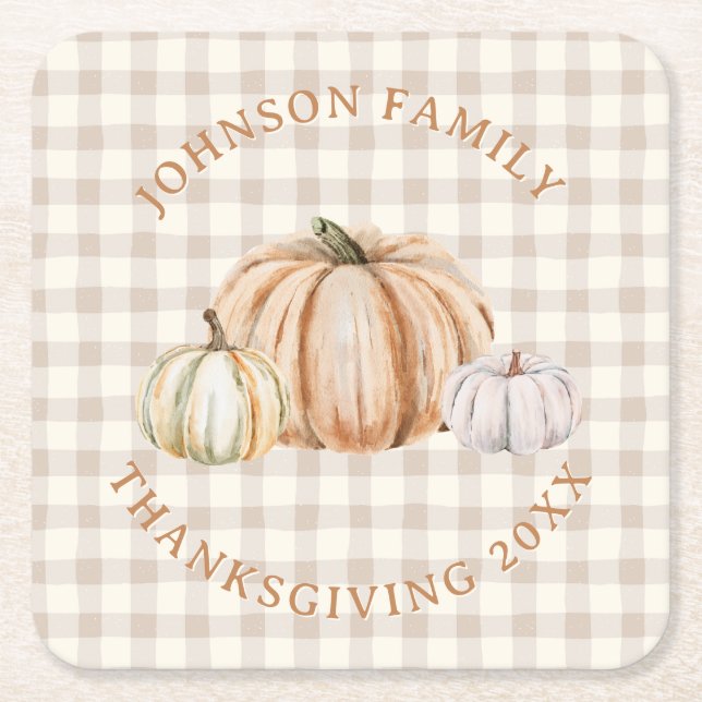 Posavasos Cuadrado De Papel Personalized Family Name Thankful Neutral Gingham (Anverso)