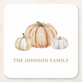 Posavasos Cuadrado De Papel Personalized Family Name Thankful Neutral Pumpkin