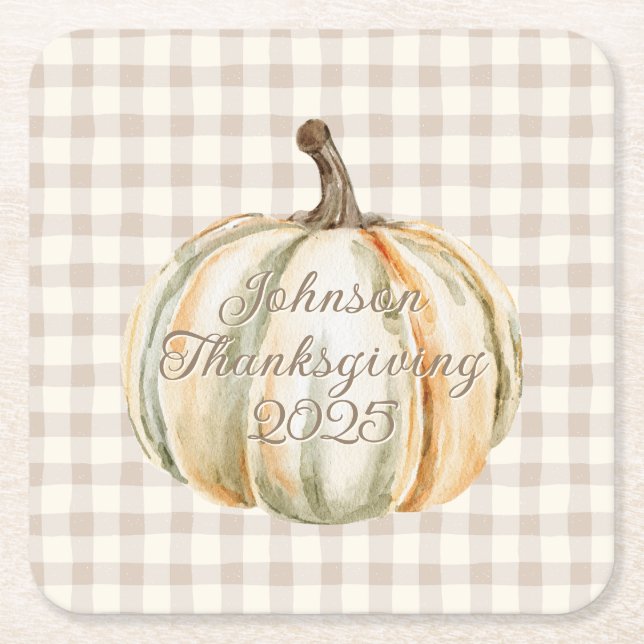 Posavasos Cuadrado De Papel Personalized Family Thanksgiving Neutral Gingham  (Anverso)