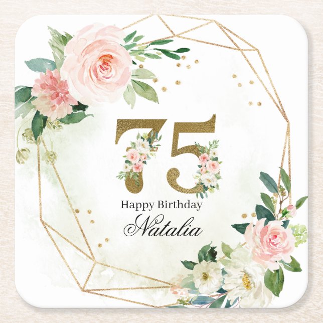 Posavasos Cuadrado De Papel Personalized Gold & Floral 75th Custom (Anverso)
