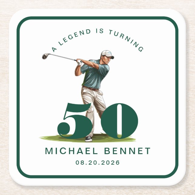Posavasos Cuadrado De Papel Personalized Green Sports Golf 50th Birthday (Anverso)