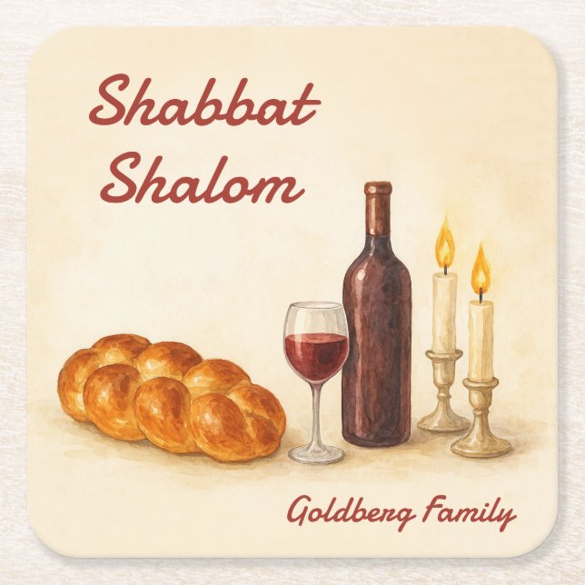 Posavasos Cuadrado De Papel Personalized Shabbat Shalom Watercolor Coaster  (Anverso)