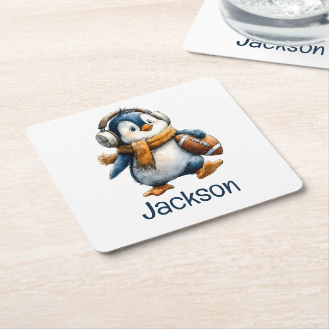 Posavasos Cuadrado De Papel Personalized Winter Penguin Football Kid (En perspectiva)