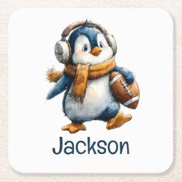 Posavasos Cuadrado De Papel Personalized Winter Penguin Football Kid