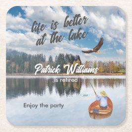 Posavasos Cuadrado De Papel Pesca de jubilación en la acuarela del lago