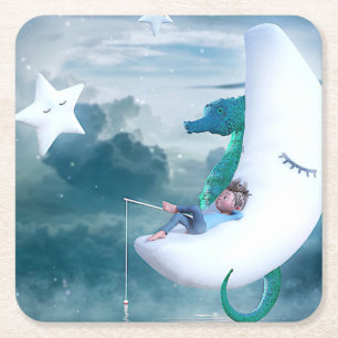 Posavasos Cuadrado De Papel Pesca de niños y caballitos de mar en la luna