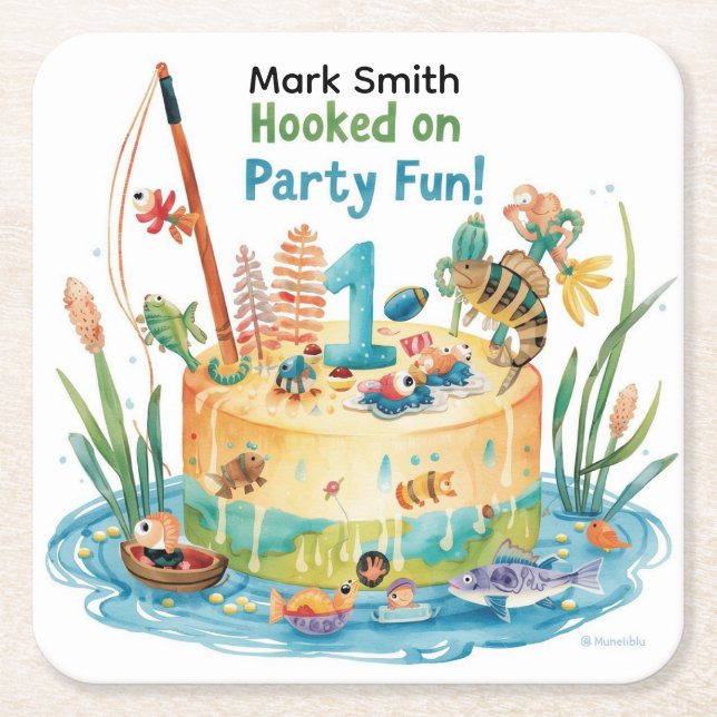 Posavasos Cuadrado De Papel Pesca del primer Fiesta de cumpleaños con diseño d (Anverso)