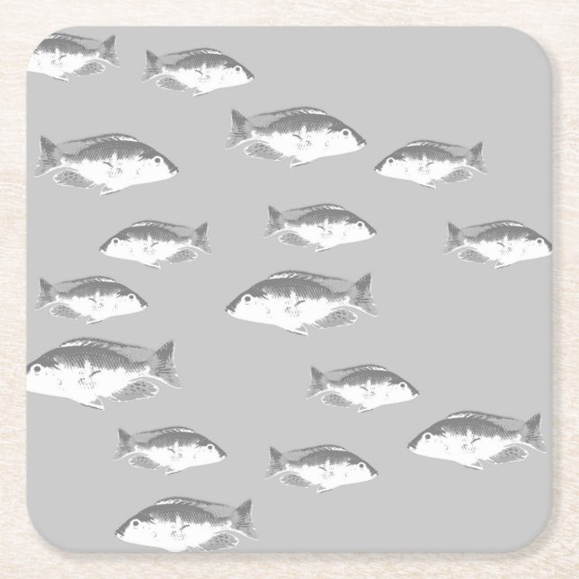 Posavasos Cuadrado De Papel Pescado gris monocromo (Anverso)
