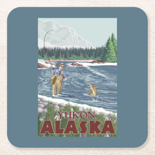 Posavasos Cuadrado De Papel Pescador de la mosca - el Yukón, Alaska