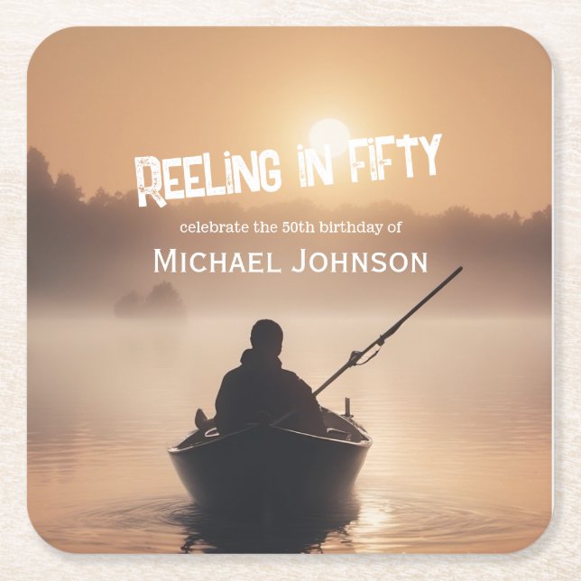 Posavasos Cuadrado De Papel Pescador del amanecer 50 cumpleaños (Anverso)