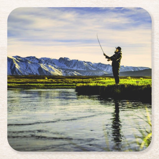 Posavasos Cuadrado De Papel Pescador del Lago de Montaña (Anverso)