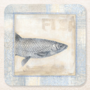 Posavasos Cuadrado De Papel Pescados grises en fondo beige