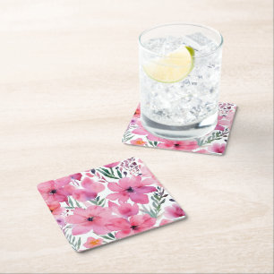 Posavasos Cuadrado De Papel Pétalos rosados Flores pintadas con acuarela