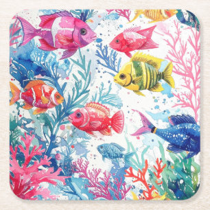 Posavasos Cuadrado De Papel Pez Tropical Vibrante Patrón de Vida Marina Acuare