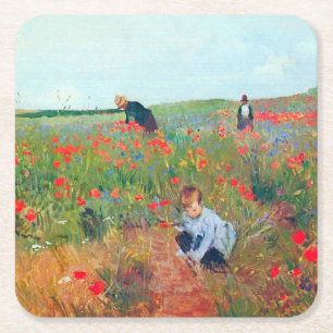 Posavasos Cuadrado De Papel Picando flores en un campo, Mary Cassatt