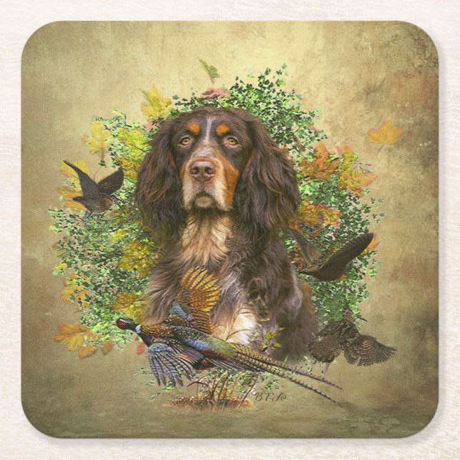 Posavasos Cuadrado De Papel Picardía Spaniel, temporada de caza (Anverso)