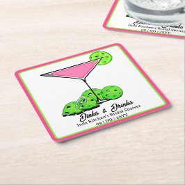 Posavasos Cuadrado De Papel Pickleball Bridal Shower Dinks & Drinks Pink Cosmo