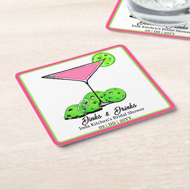 Posavasos Cuadrado De Papel Pickleball Bridal Shower Dinks & Drinks Pink Cosmo (En perspectiva)