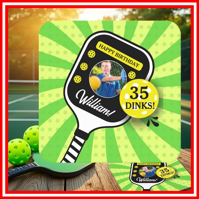 Posavasos Cuadrado De Papel Pickleball Partido de Cumpleaños RETRO Green Sport (Pickleball Birthday Party RETRO Green Sports PHOTO Square Paper Coaster)