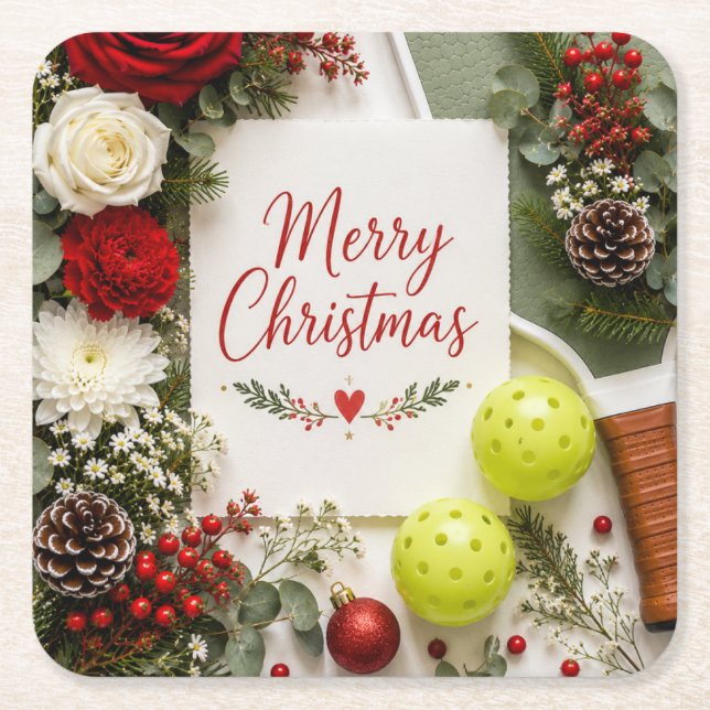 Posavasos Cuadrado De Papel Pickleball tema de Navidad  (Anverso)
